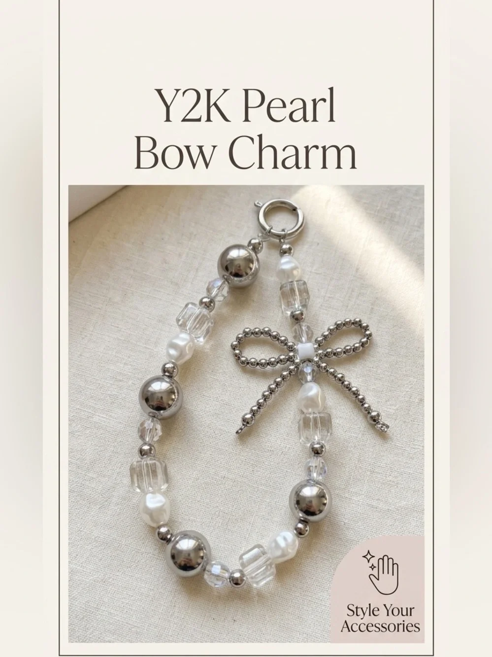 Y2K Pearl & Silver Bow Charm Accessory | Aesthetic Beaded Keychain